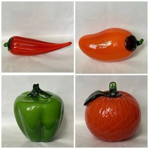 Hand Blown Art Glass Fruit Vegetable Lot Red Chili Green Pepper Mango Orange